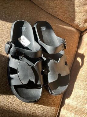 Black Slide Sandals with Buckle Straps